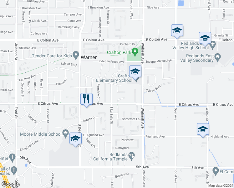 map of restaurants, bars, coffee shops, grocery stores, and more near 133 Rainbow Lane in Redlands
