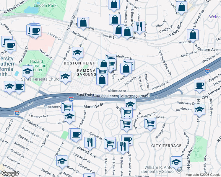 map of restaurants, bars, coffee shops, grocery stores, and more near 3242 Fowler Street in Los Angeles