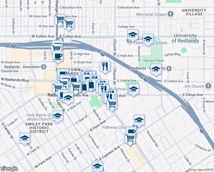 map of restaurants, bars, coffee shops, grocery stores, and more near 113 East 11th Street in Redlands