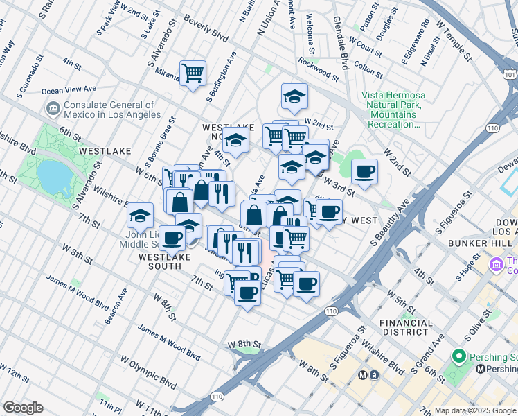 map of restaurants, bars, coffee shops, grocery stores, and more near 461 Witmer Street in Los Angeles