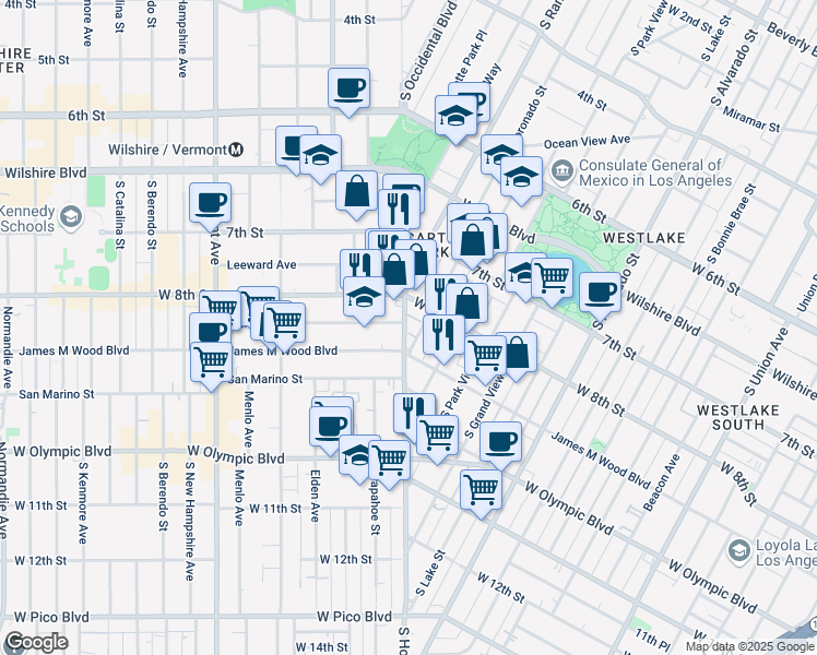 map of restaurants, bars, coffee shops, grocery stores, and more near 830 South Hoover Street in Los Angeles