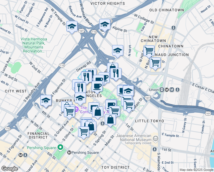 map of restaurants, bars, coffee shops, grocery stores, and more near 225 North Hill Street in Los Angeles