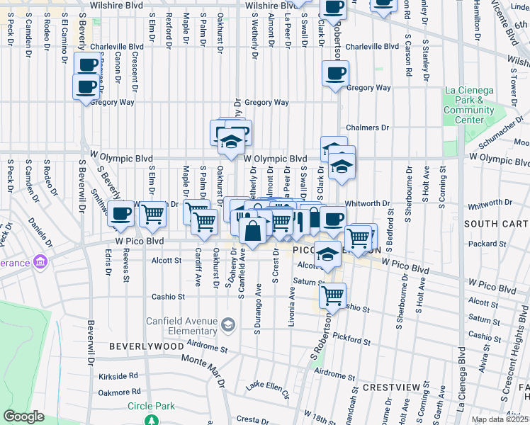 map of restaurants, bars, coffee shops, grocery stores, and more near 1115 South Crest Drive in Los Angeles