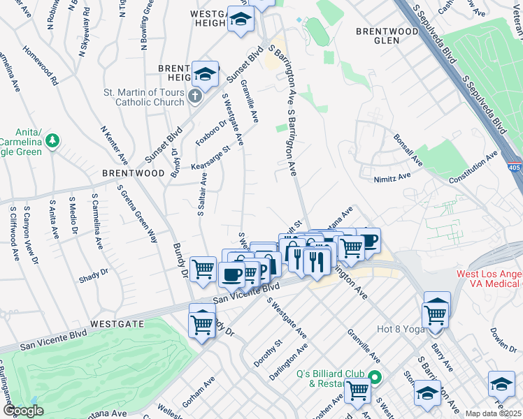 map of restaurants, bars, coffee shops, grocery stores, and more near 585 Lorna Lane in Los Angeles
