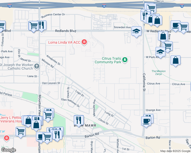 map of restaurants, bars, coffee shops, grocery stores, and more near 10853 Pala Bells Street in Loma Linda
