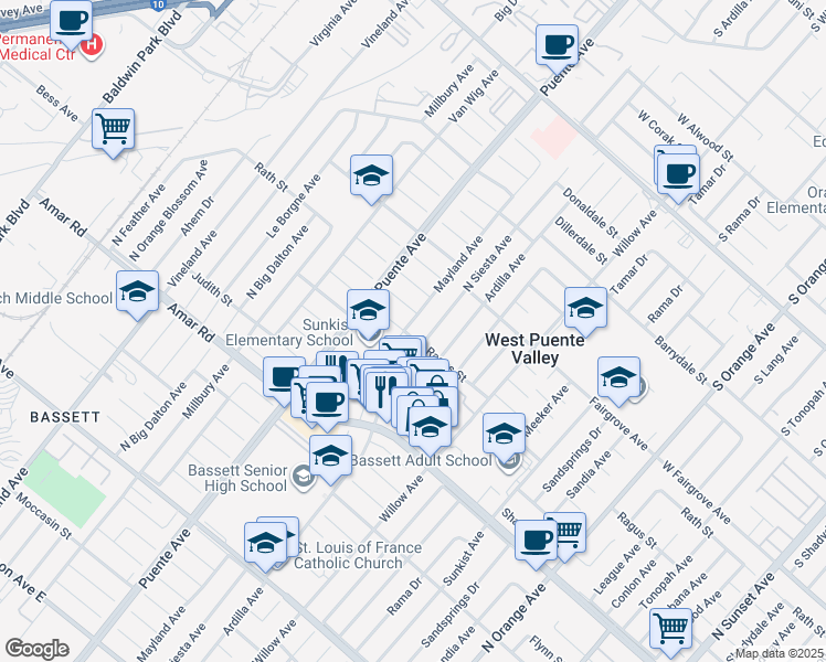 map of restaurants, bars, coffee shops, grocery stores, and more near 1002 Mayland Avenue in La Puente