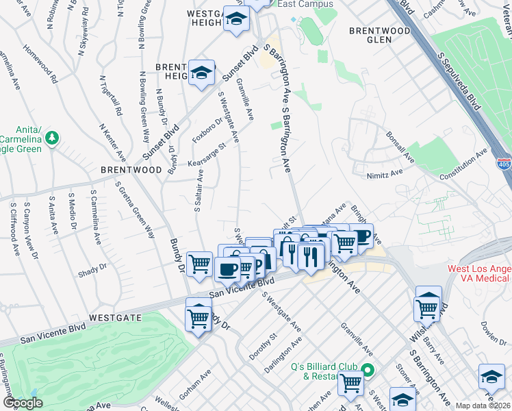 map of restaurants, bars, coffee shops, grocery stores, and more near 585 Lorna Lane in Los Angeles