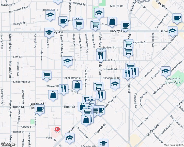 map of restaurants, bars, coffee shops, grocery stores, and more near 10945 Klingerman Street in South El Monte