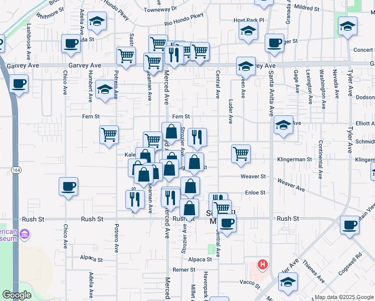 map of restaurants, bars, coffee shops, grocery stores, and more near 2417 Strozier Avenue in South El Monte