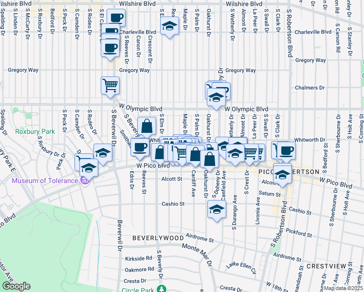 map of restaurants, bars, coffee shops, grocery stores, and more near 1140 Rexford Drive in Los Angeles