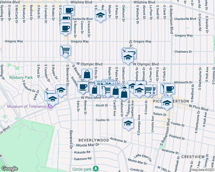 map of restaurants, bars, coffee shops, grocery stores, and more near 1140 Rexford Drive in Los Angeles
