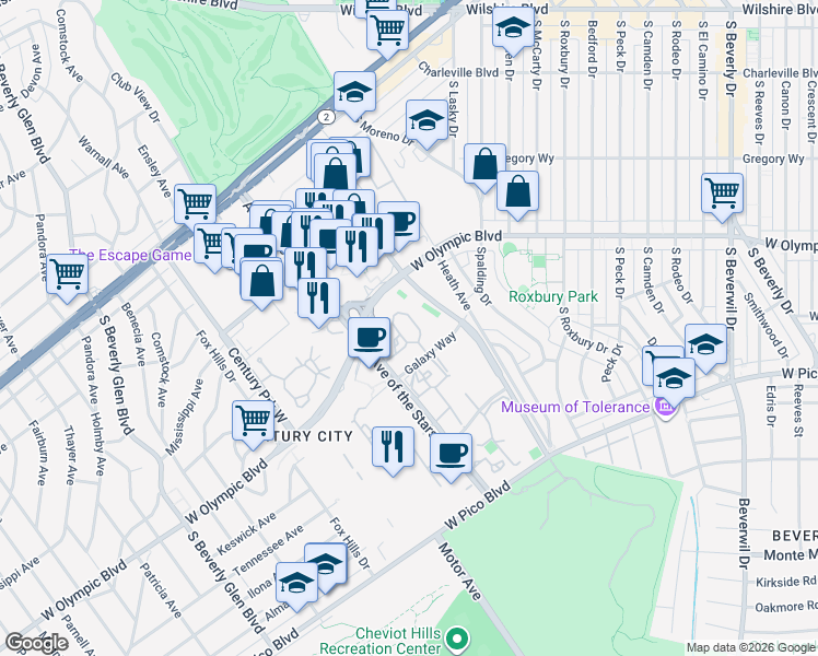map of restaurants, bars, coffee shops, grocery stores, and more near 2122 Century Park Lane in Los Angeles