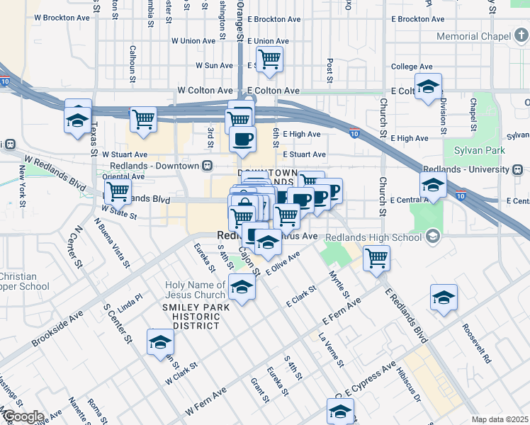 map of restaurants, bars, coffee shops, grocery stores, and more near 19 North 5th Street in Redlands