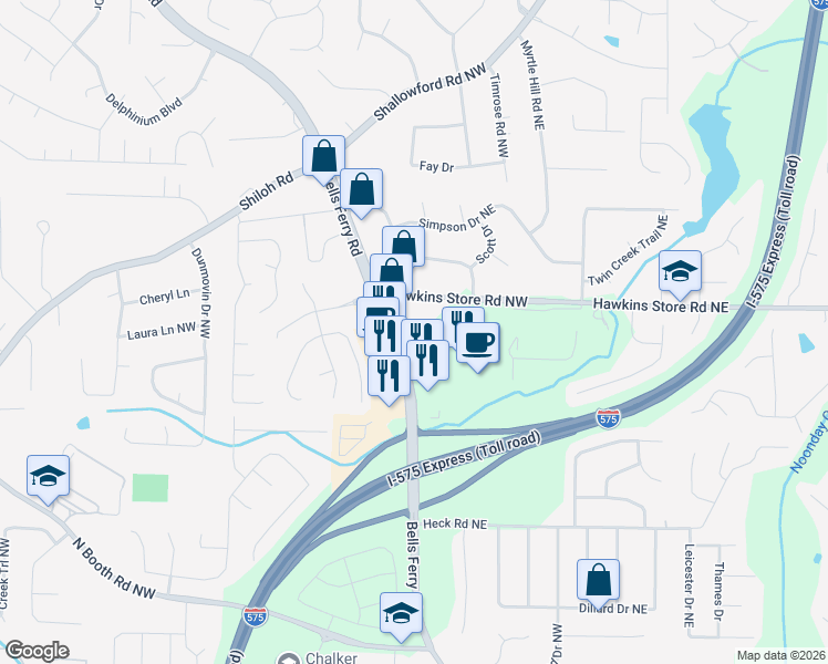 map of restaurants, bars, coffee shops, grocery stores, and more near 4300 Bells Ferry Road in Kennesaw