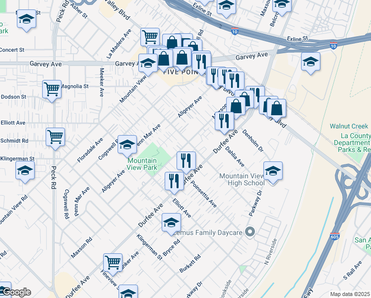 map of restaurants, bars, coffee shops, grocery stores, and more near 12240 Magnolia Street in El Monte
