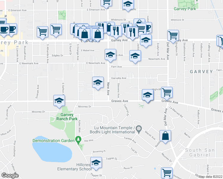 map of restaurants, bars, coffee shops, grocery stores, and more near 2421 Stevens Avenue in Rosemead