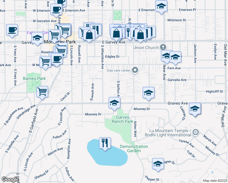 map of restaurants, bars, coffee shops, grocery stores, and more near 526 South Sefton Avenue in Monterey Park