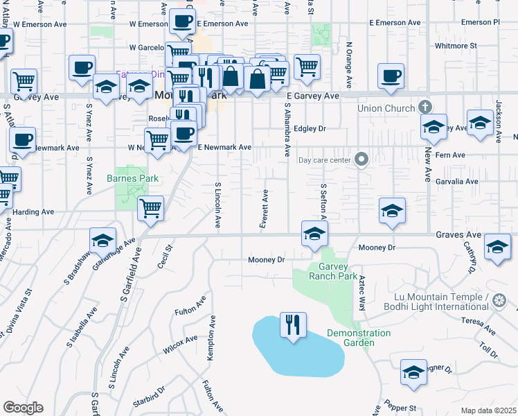 map of restaurants, bars, coffee shops, grocery stores, and more near 527 Everett Avenue in Monterey Park