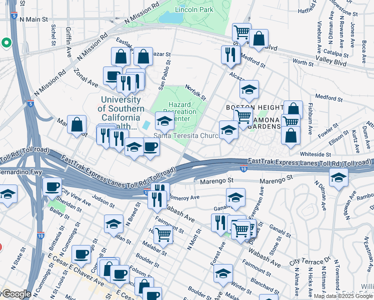 map of restaurants, bars, coffee shops, grocery stores, and more near 1158 North Soto Street in Los Angeles