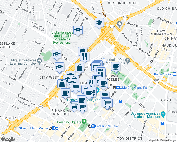 map of restaurants, bars, coffee shops, grocery stores, and more near 201 Flower Street in Los Angeles