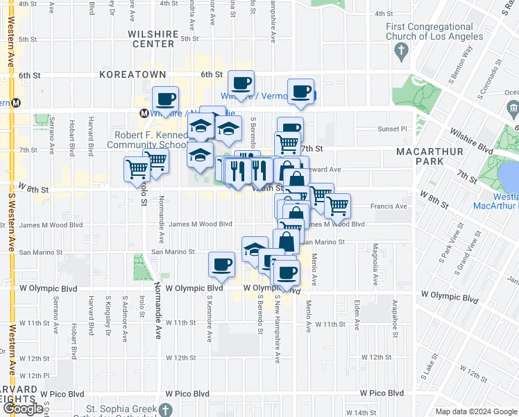 map of restaurants, bars, coffee shops, grocery stores, and more near in Los Angeles