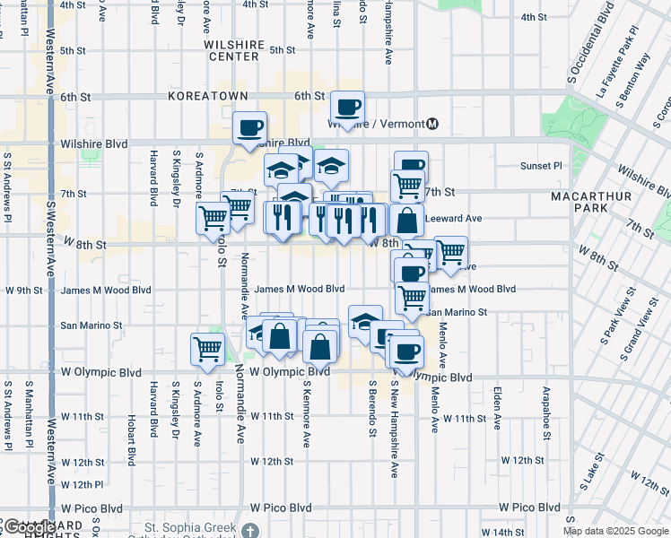 map of restaurants, bars, coffee shops, grocery stores, and more near 861 South Catalina Street in Los Angeles