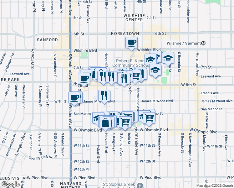 map of restaurants, bars, coffee shops, grocery stores, and more near 869 South Ardmore Avenue in Los Angeles