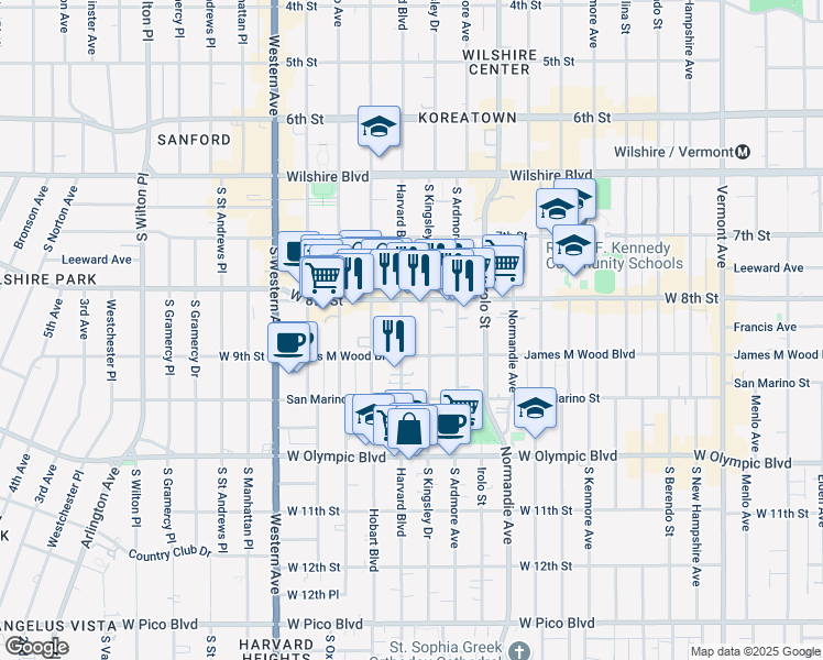 map of restaurants, bars, coffee shops, grocery stores, and more near 3301 James M Wood Boulevard in Los Angeles