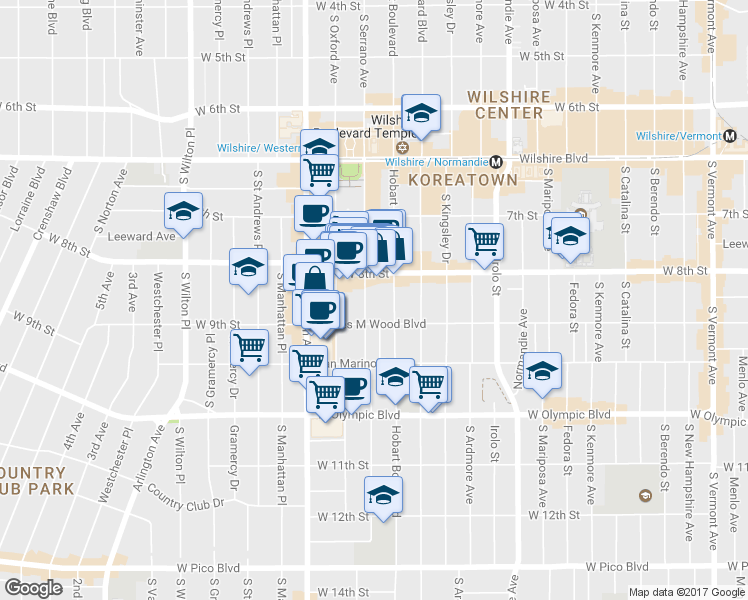 map of restaurants, bars, coffee shops, grocery stores, and more near 854 South Serrano Avenue in Los Angeles