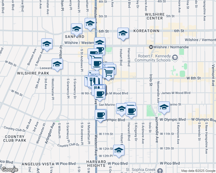 map of restaurants, bars, coffee shops, grocery stores, and more near 855 South Oxford Avenue in Los Angeles