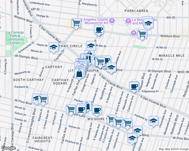 map of restaurants, bars, coffee shops, grocery stores, and more near 1058 South Ogden Drive in Los Angeles