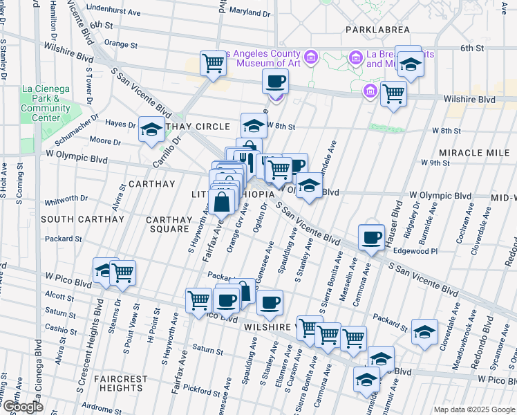 map of restaurants, bars, coffee shops, grocery stores, and more near 1058 South Ogden Drive in Los Angeles