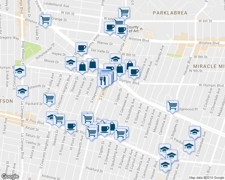 map of restaurants, bars, coffee shops, grocery stores, and more near 1064 South Orange Grove Avenue in Los Angeles