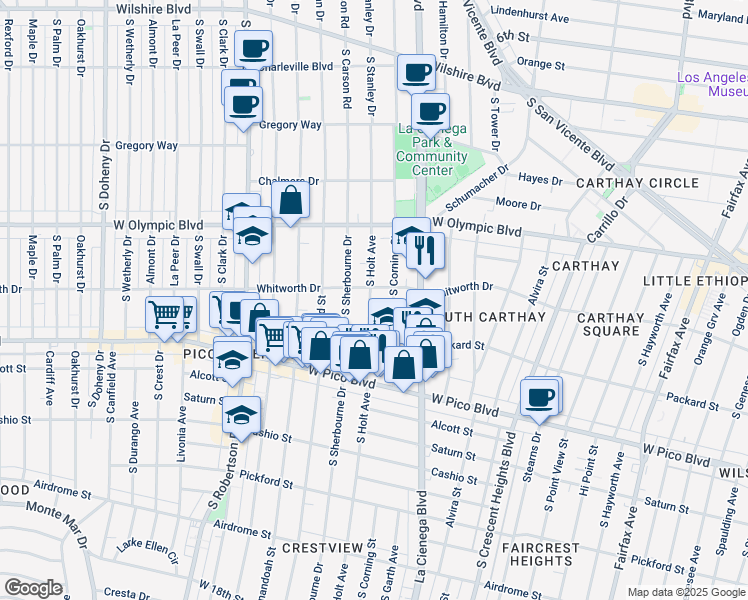 map of restaurants, bars, coffee shops, grocery stores, and more near 1139 South Holt Avenue in Los Angeles