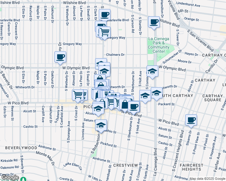 map of restaurants, bars, coffee shops, grocery stores, and more near 1142 South Shenandoah Street in Los Angeles