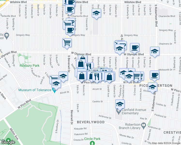 map of restaurants, bars, coffee shops, grocery stores, and more near in Los Angeles