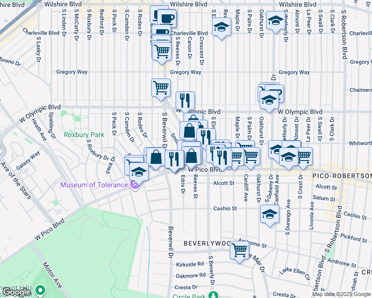 map of restaurants, bars, coffee shops, grocery stores, and more near 1246 Edris Drive in Los Angeles