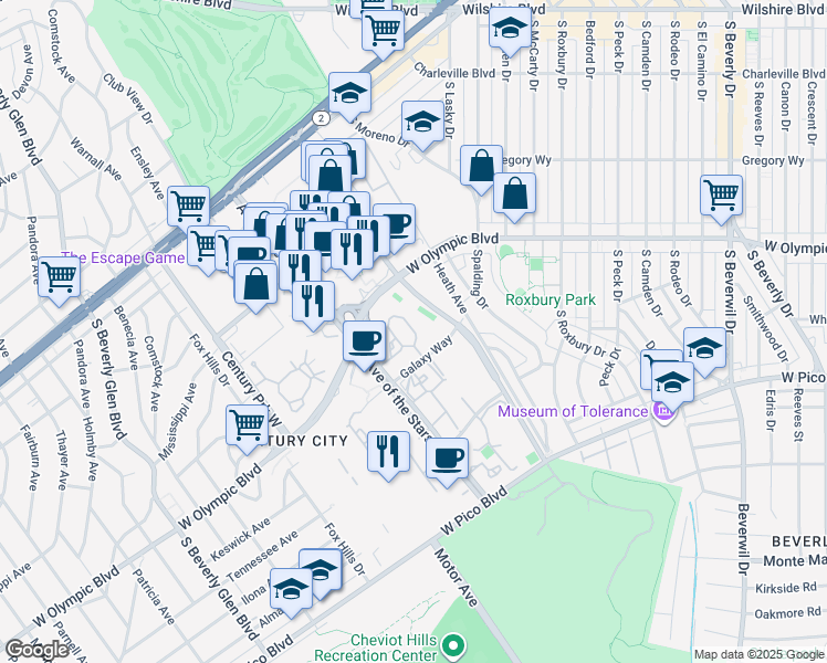 map of restaurants, bars, coffee shops, grocery stores, and more near 2142 Century Park Lane in Los Angeles