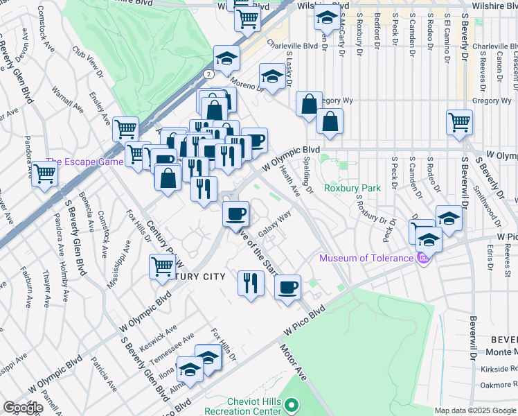 map of restaurants, bars, coffee shops, grocery stores, and more near 2142 Century Park Lane in Los Angeles