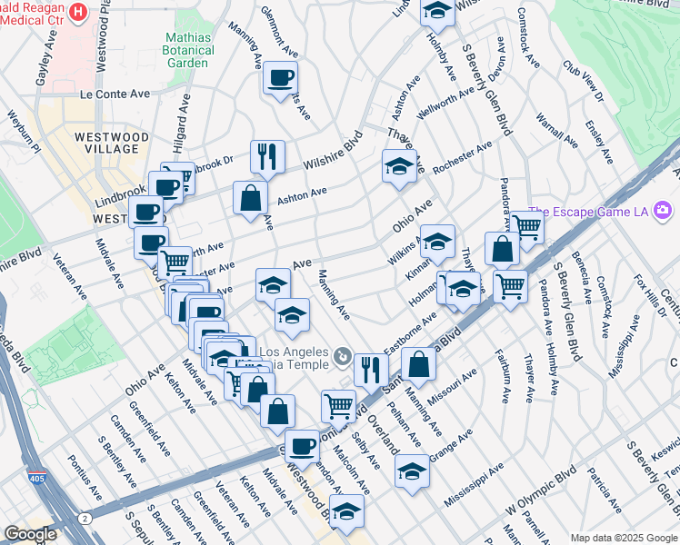 map of restaurants, bars, coffee shops, grocery stores, and more near 1568 Manning Avenue in Los Angeles