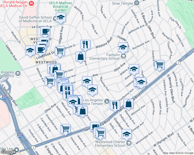 map of restaurants, bars, coffee shops, grocery stores, and more near 10748 Wilkins Avenue in Los Angeles