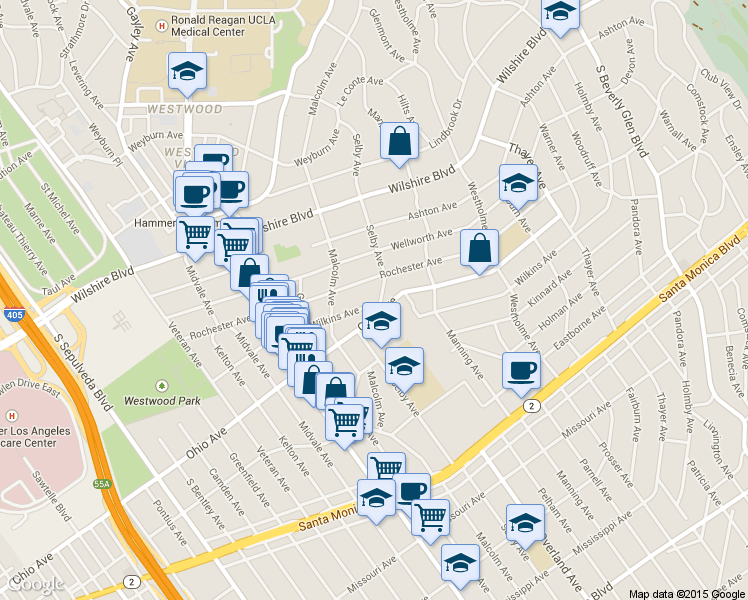 map of restaurants, bars, coffee shops, grocery stores, and more near 10750 Ohio Avenue in Los Angeles