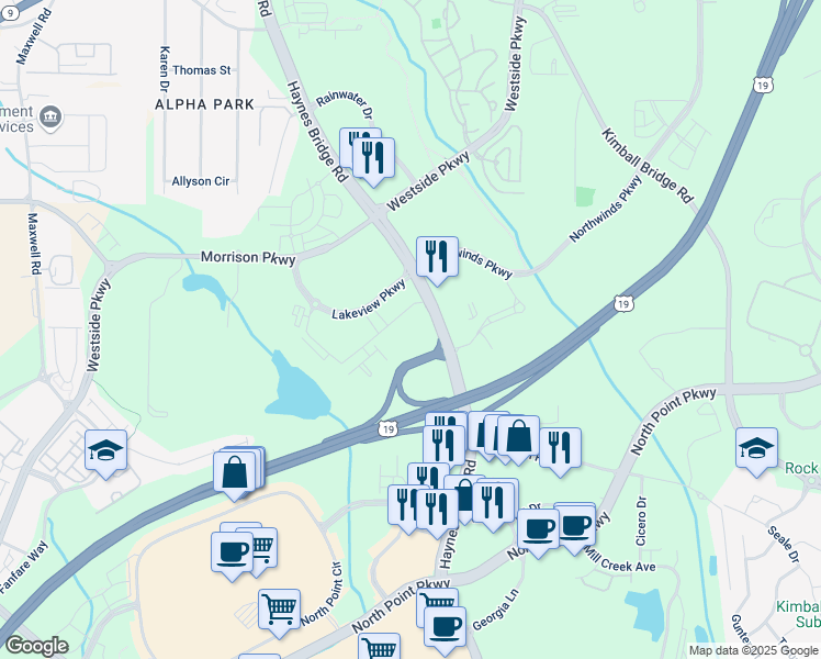 map of restaurants, bars, coffee shops, grocery stores, and more near 4115 Lake Street in Alpharetta