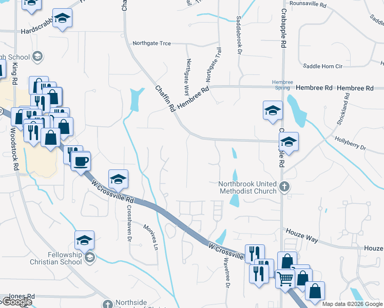 map of restaurants, bars, coffee shops, grocery stores, and more near 11305 Cranwood Cove in Roswell