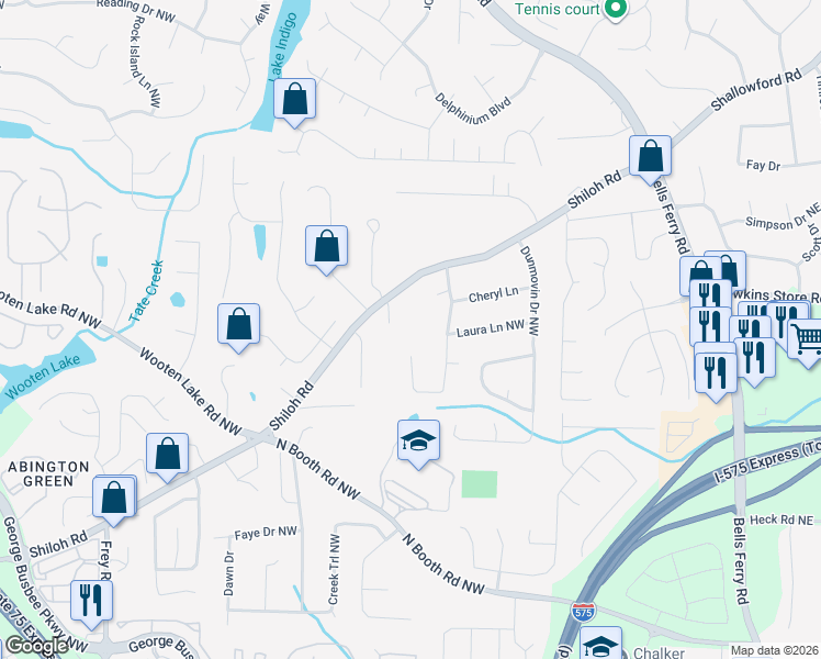 map of restaurants, bars, coffee shops, grocery stores, and more near 679 Shiloh Road in Kennesaw