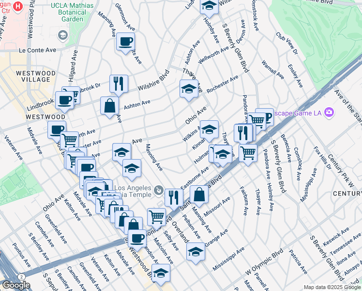map of restaurants, bars, coffee shops, grocery stores, and more near 10608 Wilkins Avenue in Los Angeles