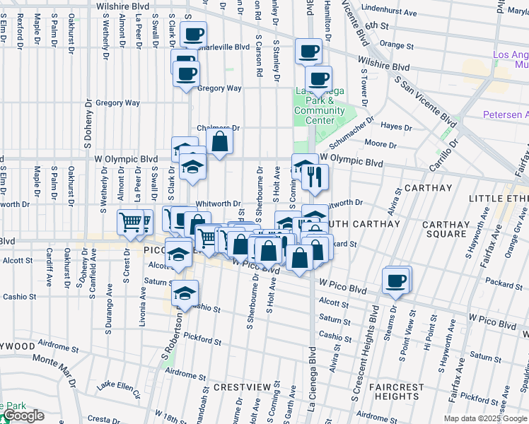 map of restaurants, bars, coffee shops, grocery stores, and more near 1114 South Sherbourne Drive in Los Angeles