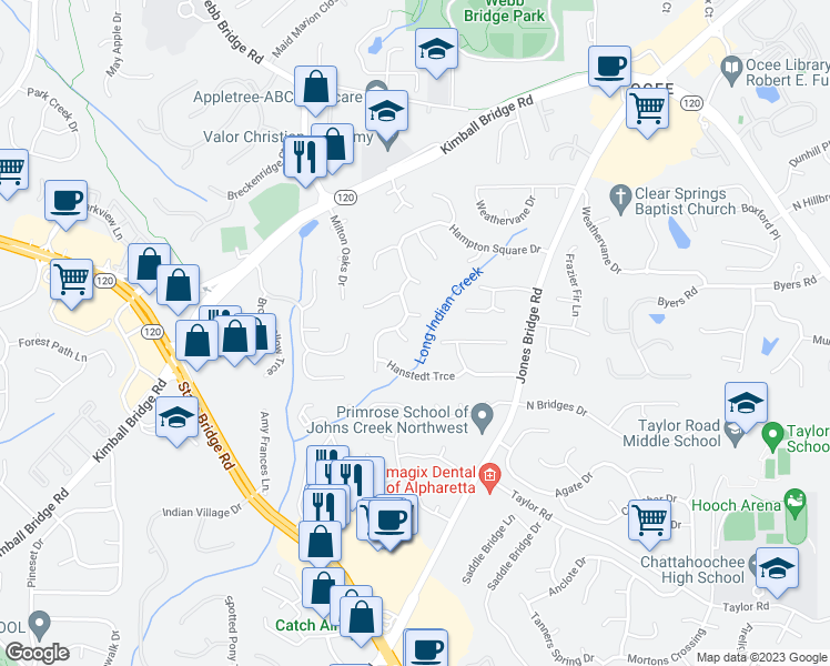 map of restaurants, bars, coffee shops, grocery stores, and more near 210 Kimball Ridge Court in Alpharetta