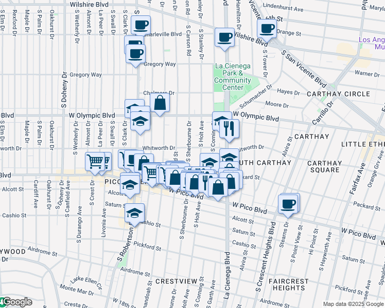 map of restaurants, bars, coffee shops, grocery stores, and more near 1114 South Sherbourne Drive in Los Angeles