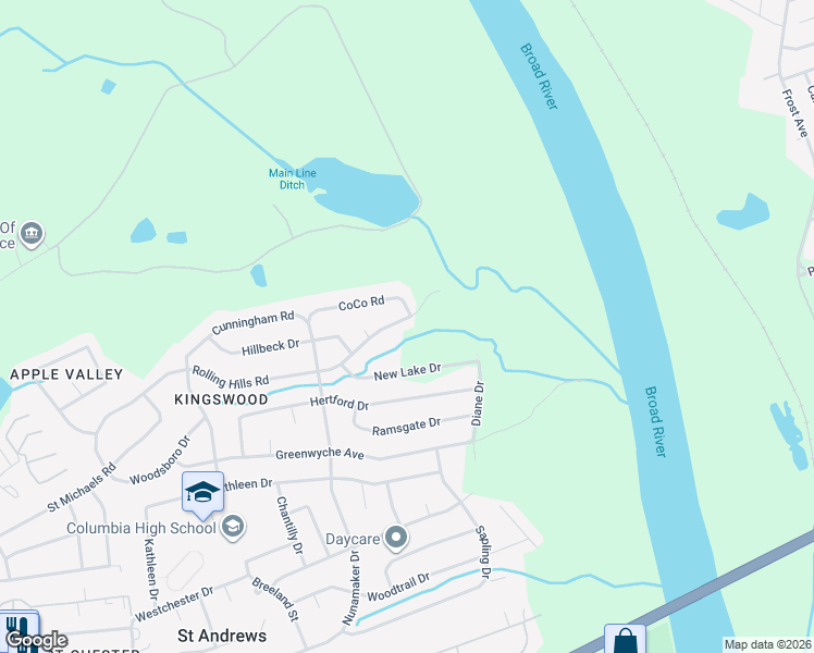 map of restaurants, bars, coffee shops, grocery stores, and more near 2412 New Lake Drive in Columbia